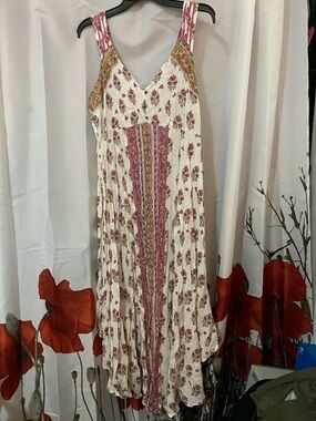 Monsoon Cream Maxi Dress with Pink Floral and Gold Accents